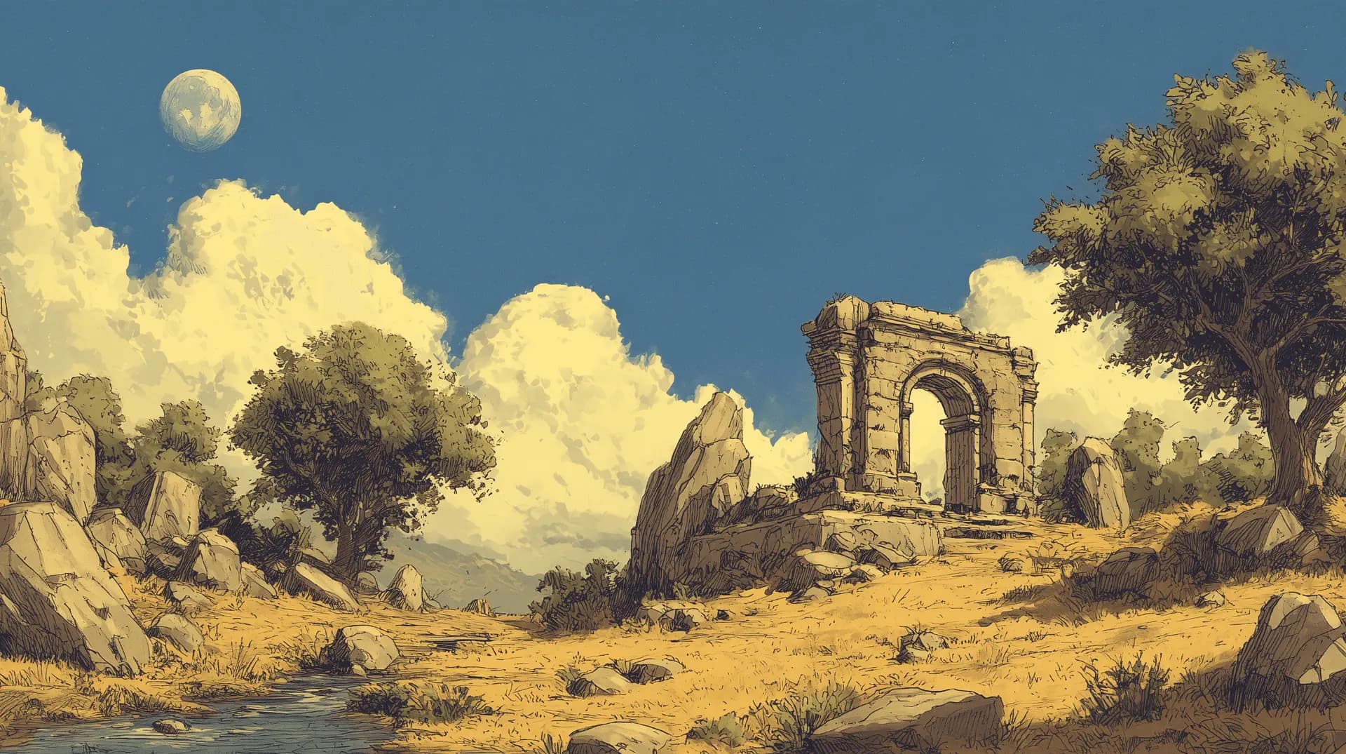 A hand-drawn landscape with an ancient stone arch standing under the moon